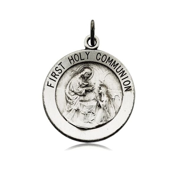 Sterling Silver 18mm First Holy Communion Medal Necklace 18 Inch